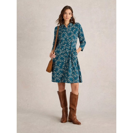 White Stuff Ria Jersey Shirt Dress in Teal Print