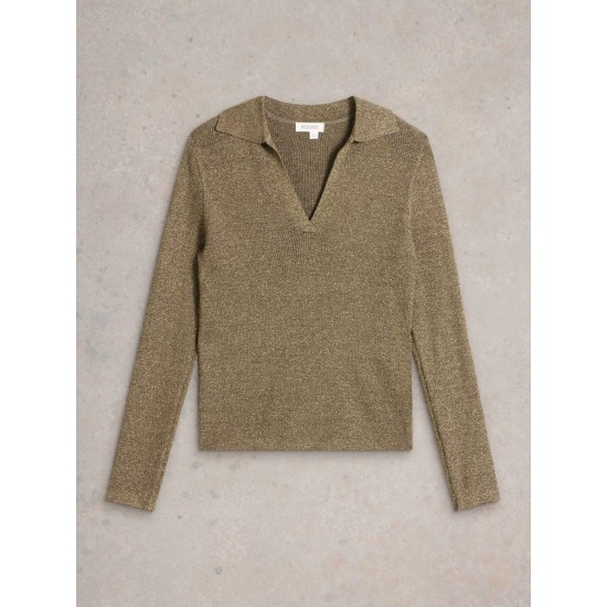 White Stuff Riley Sparkle Rib Collar in Khaki Green