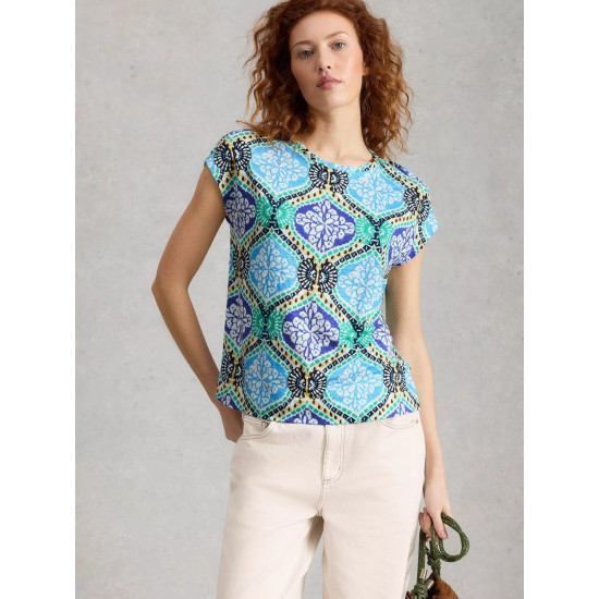 White Stuff Rowan Linen T-Shirt in Blue Print
