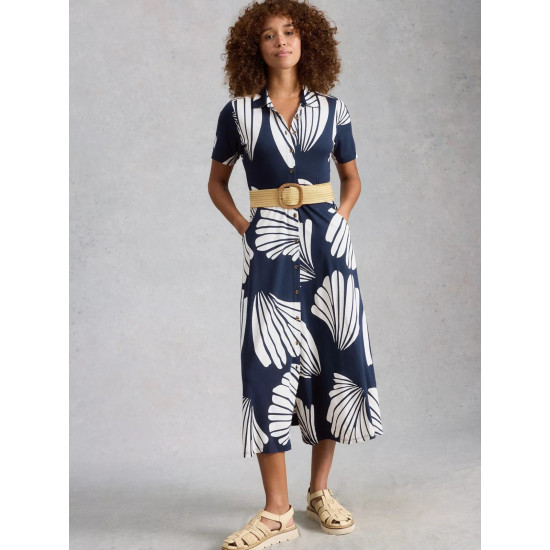 White Stuff Rua Jersey Collared Midi Shirt Dress in Navy Print