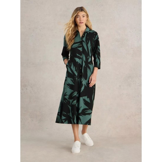 White Stuff Rua Midi Jersey Shirt Dress in Green Print