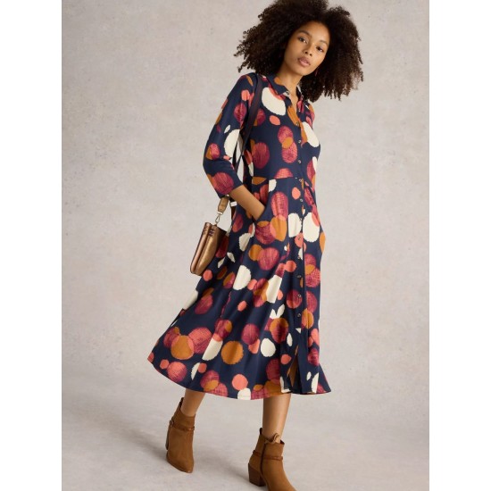 White Stuff Rua Midi Jersey Shirt Dress in Navy Print