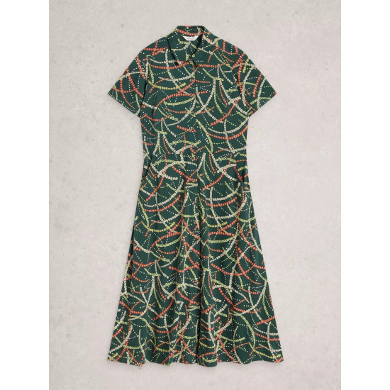 White Stuff Rua Short Sleeve Collared Shirt Dress in Green Multi
