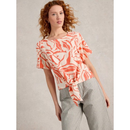 White Stuff Sara Crew Neck Tie Hem Top in Coral Print