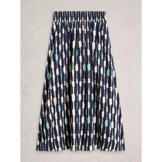 White Stuff Shelly Linen Blend Midi Skirt in Navy Print