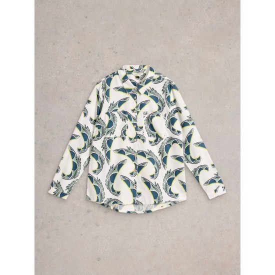 White Stuff Sophie Organic Cotton Collared Shirt in Ivory Print