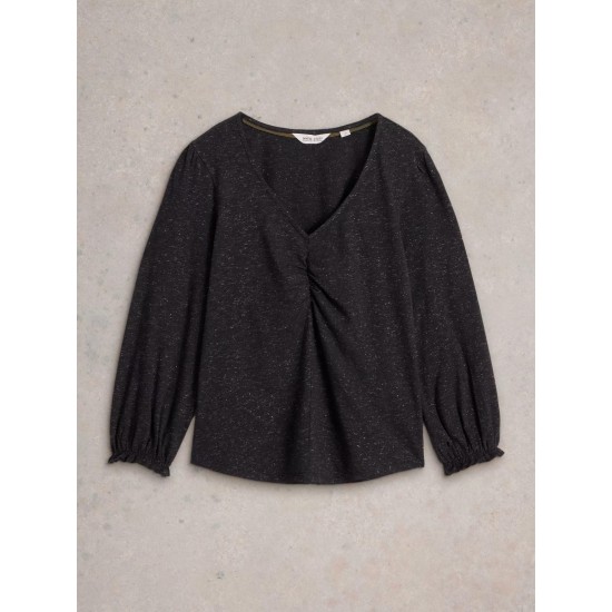 White Stuff Sparkle Ruched Front Top in Charcoal Grey
