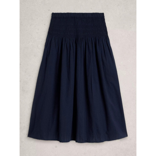 White Stuff Suri Shirred Midi Skirt in Dark Navy