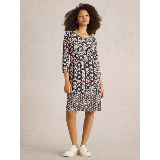 White Stuff Tallie 3/4 Sleeve Jersey Dress in Navy Print