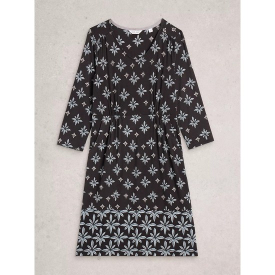 White Stuff Tallie Knee Length V Neck Jersey Dress in Black Multi