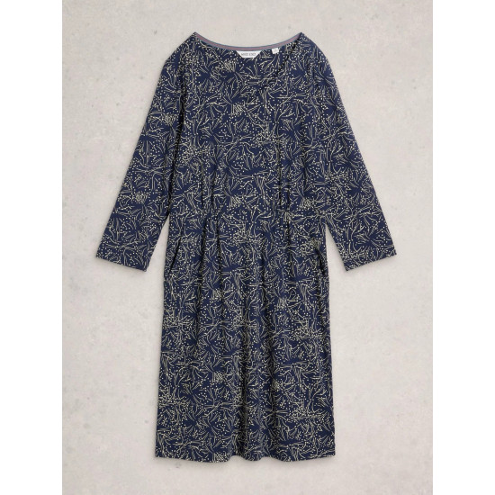 White Stuff Tallie Knee Length V Neck Jersey Dress in Navy Print