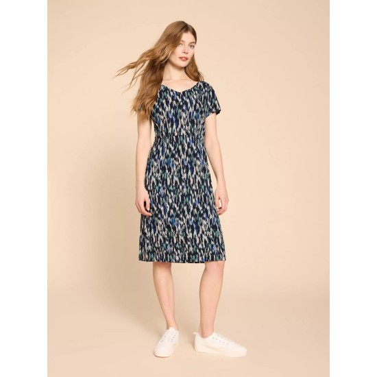 White Stuff Tallie V Neck Jersey Dress in Navy Multi