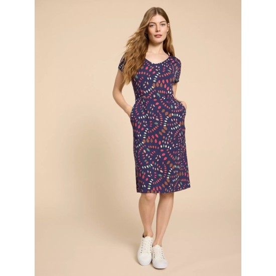 White Stuff Tallie V Neck Jersey Dress in Navy Print