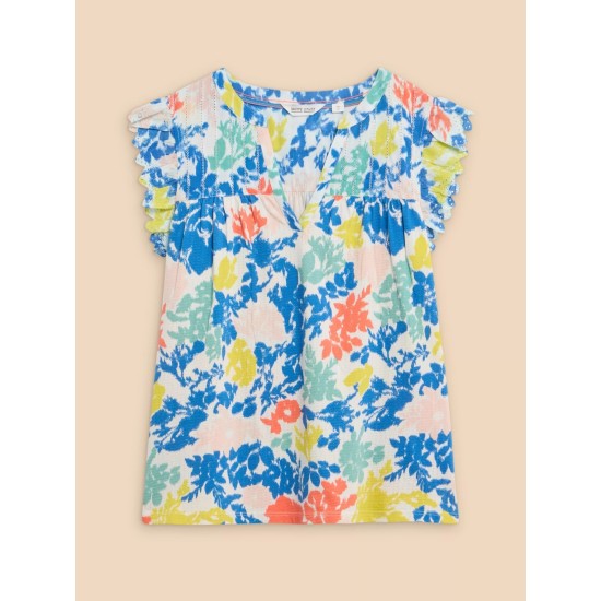 White Stuff Tessa Woven Frill Top in White Print
