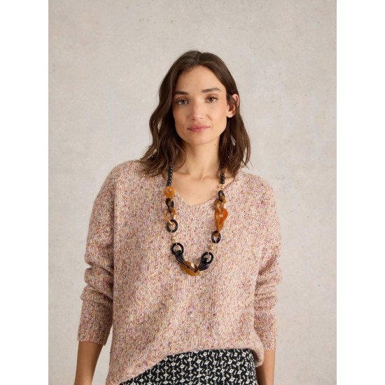 White Stuff Textured V Neck Jumper in Natural Multi