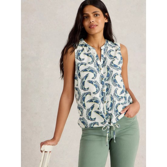 White Stuff Tulip Collared Sleeveless Shirt in Ivory Print