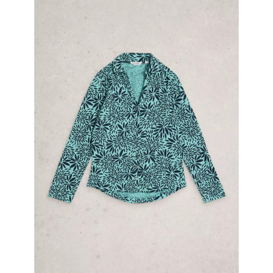 White Stuff Womens Annie Collared Jersey Shirt in Teal Print