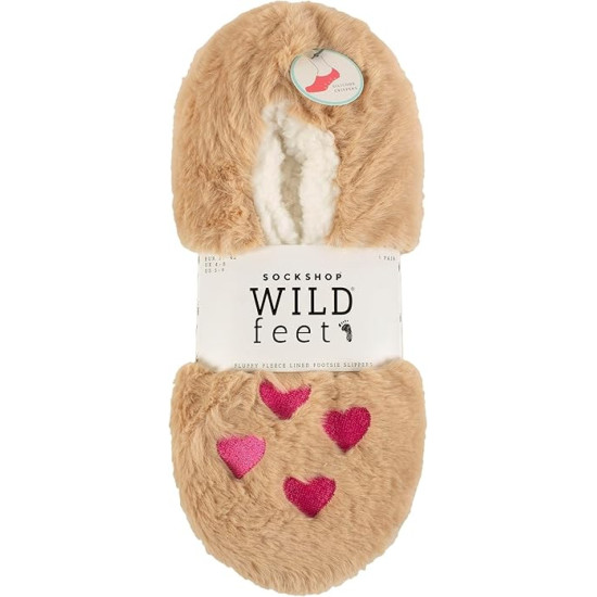 Wild Feet Cosy Fleece Lined Slippers - Hearts Beige